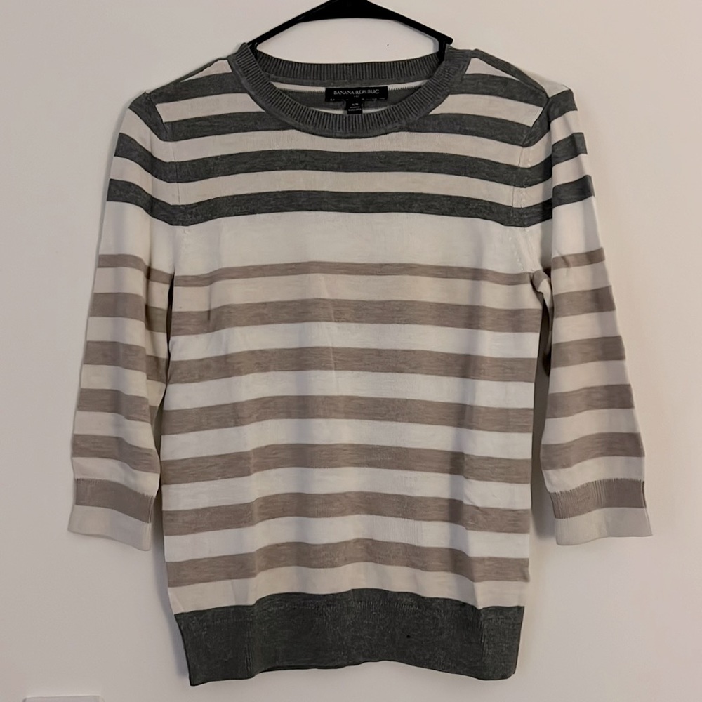 Banana Republic Factory striped cream, brown and gray crew neck sweater.